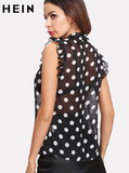SHEIN Ruffle Tied Neck Bow Polka Dot Blouse